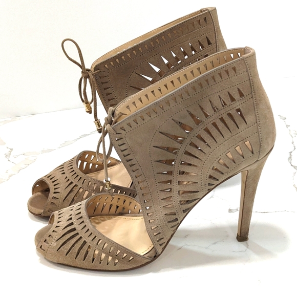 Ivanka Trump Delfino suede leather high Heels front tie Tan stiletto shoes sz 10 - Picture 3 of 14